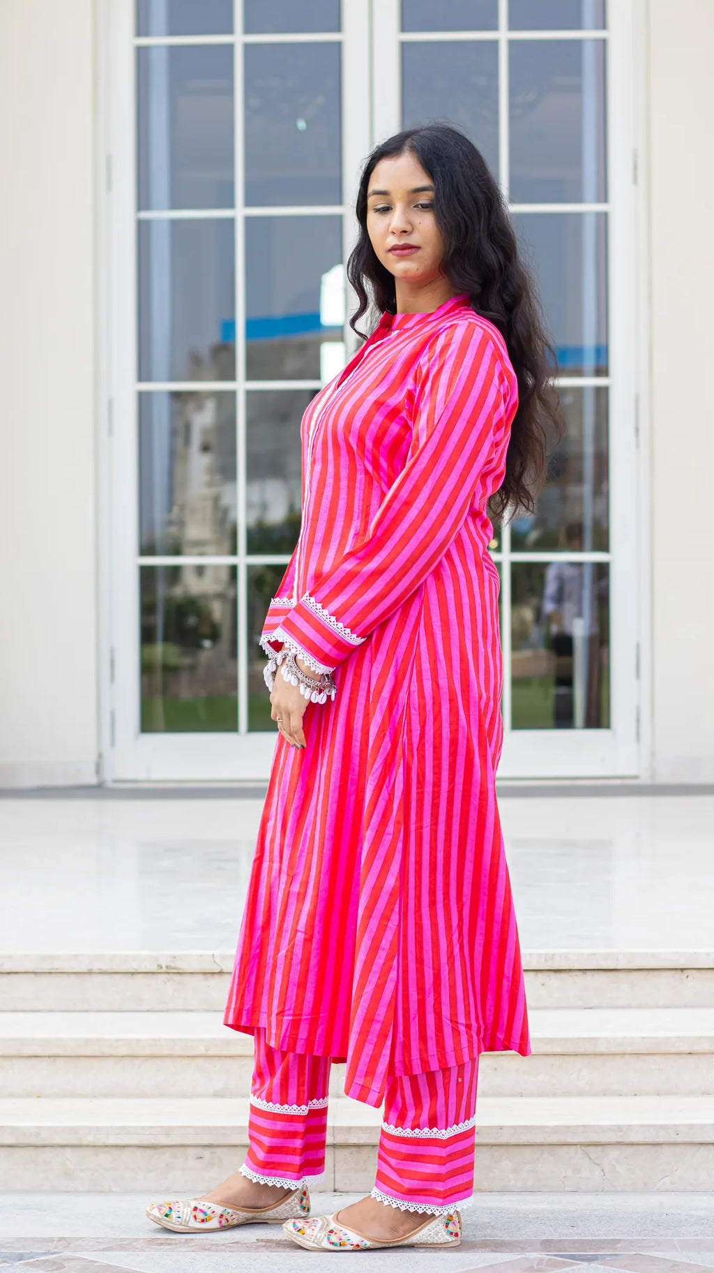 Pink striped kurta pant set - full look