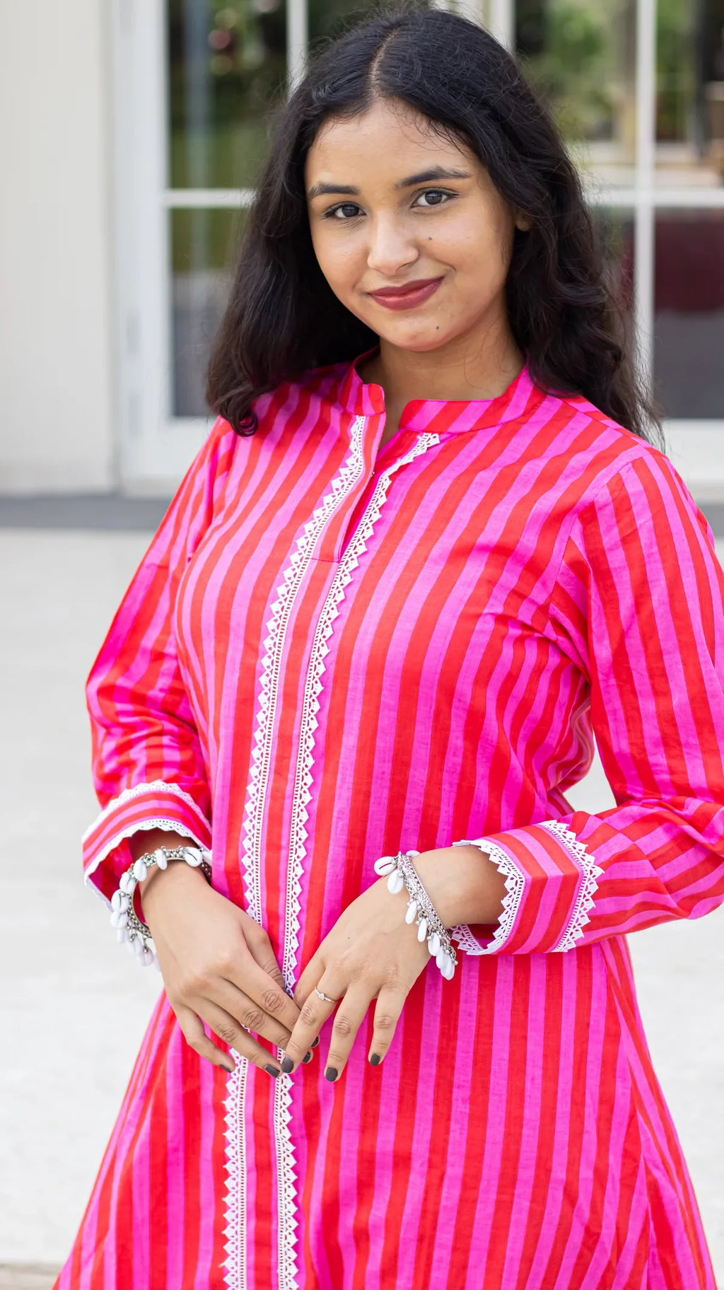 Pink striped kurta pant set - styling view