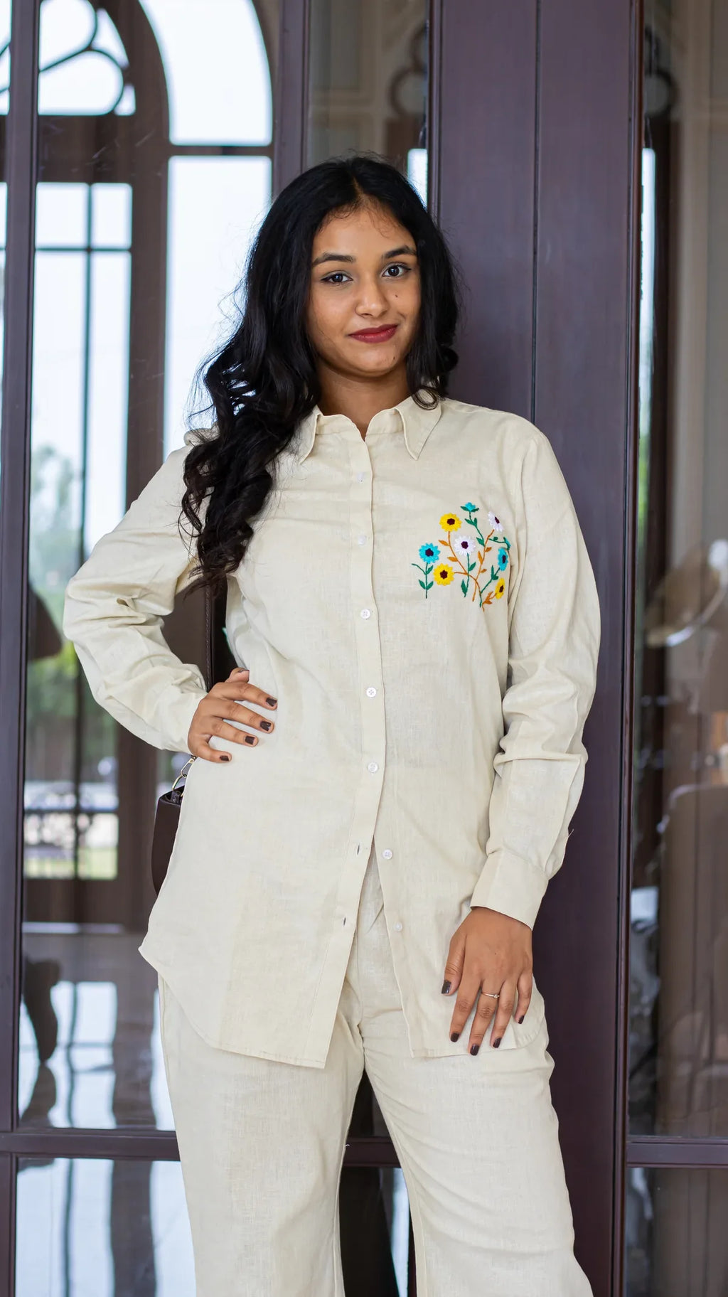 Ivory hand embroidered linen co-ord set - styling view