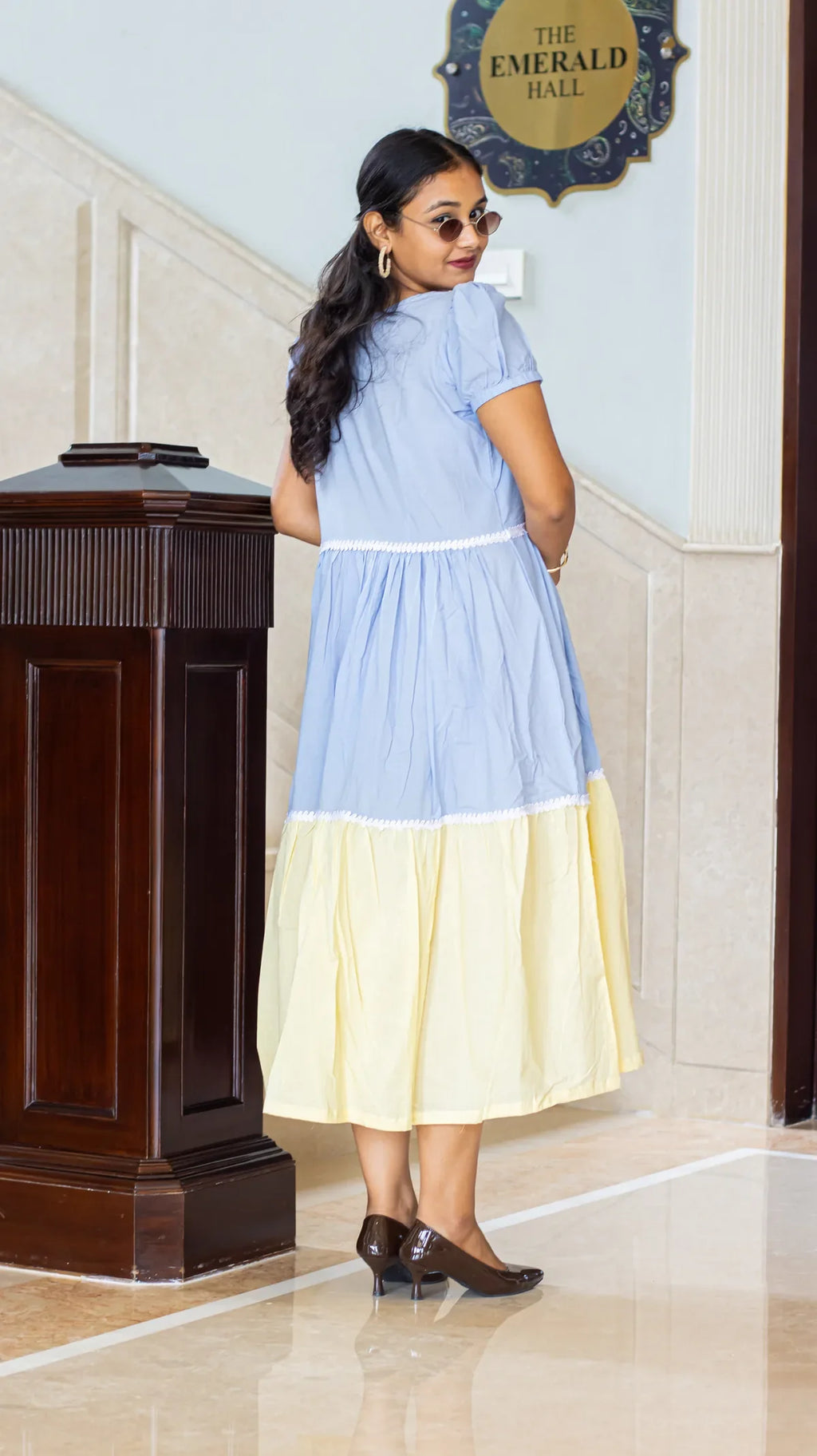 Pastel blue midi dress - full length look