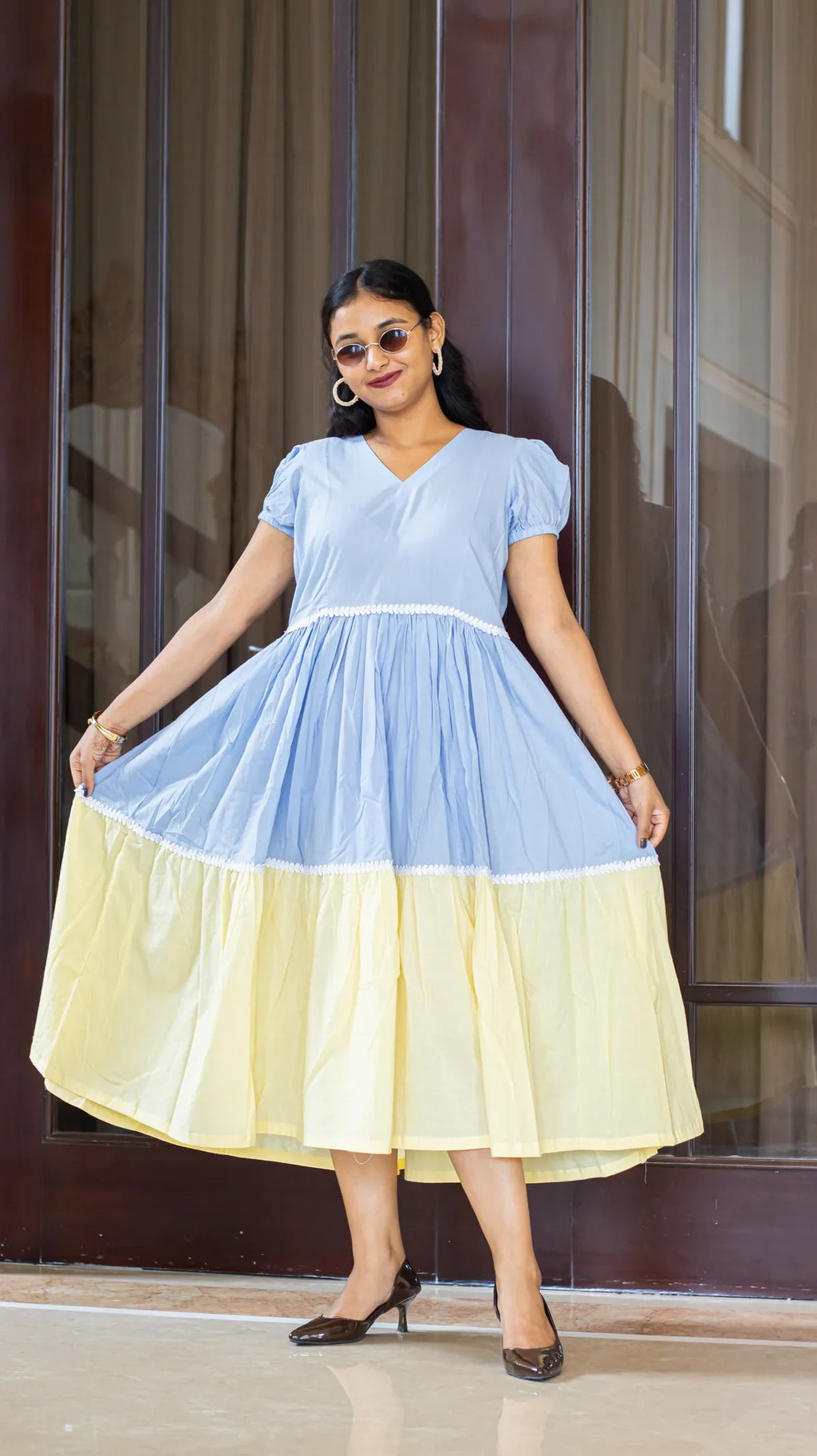 Pastel blue cotton midi dress - styling view