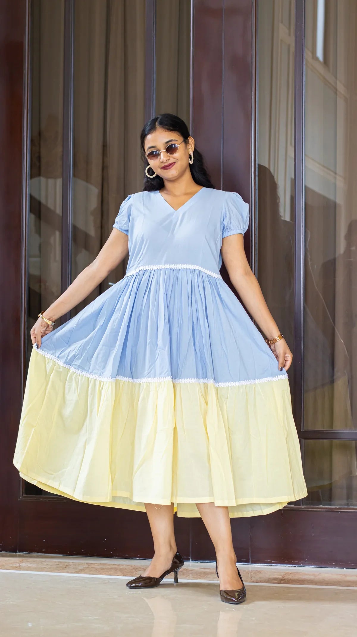 Pastel blue cotton midi dress - styling view