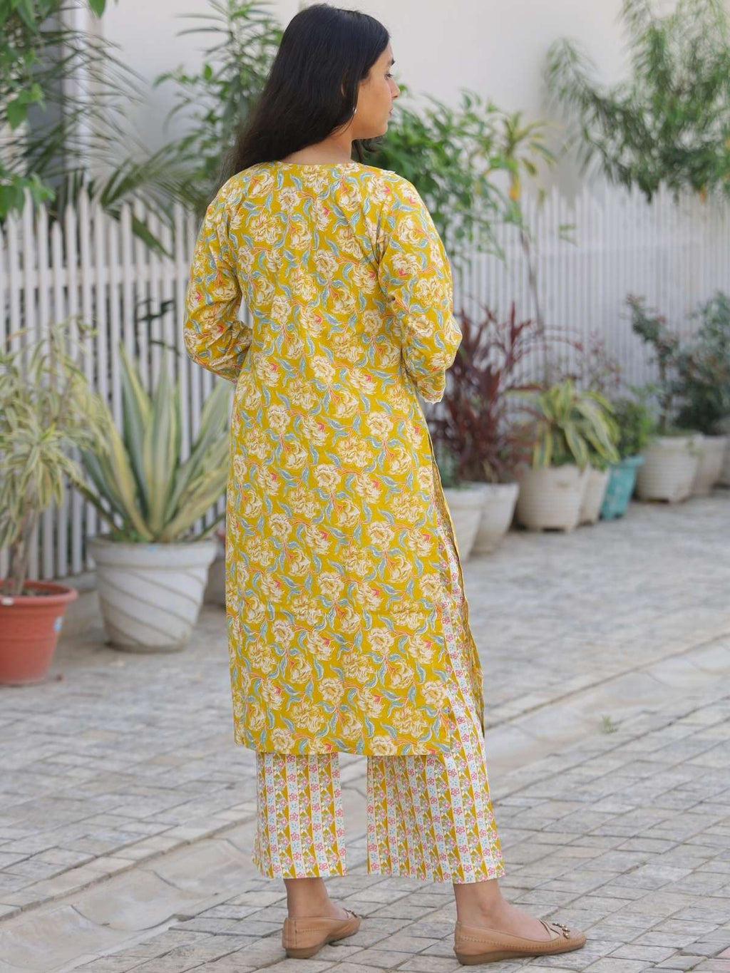 Yellow floral block print kurta set for women - back view