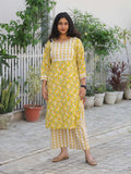Yellow floral block print cotton kurta set for women - front view