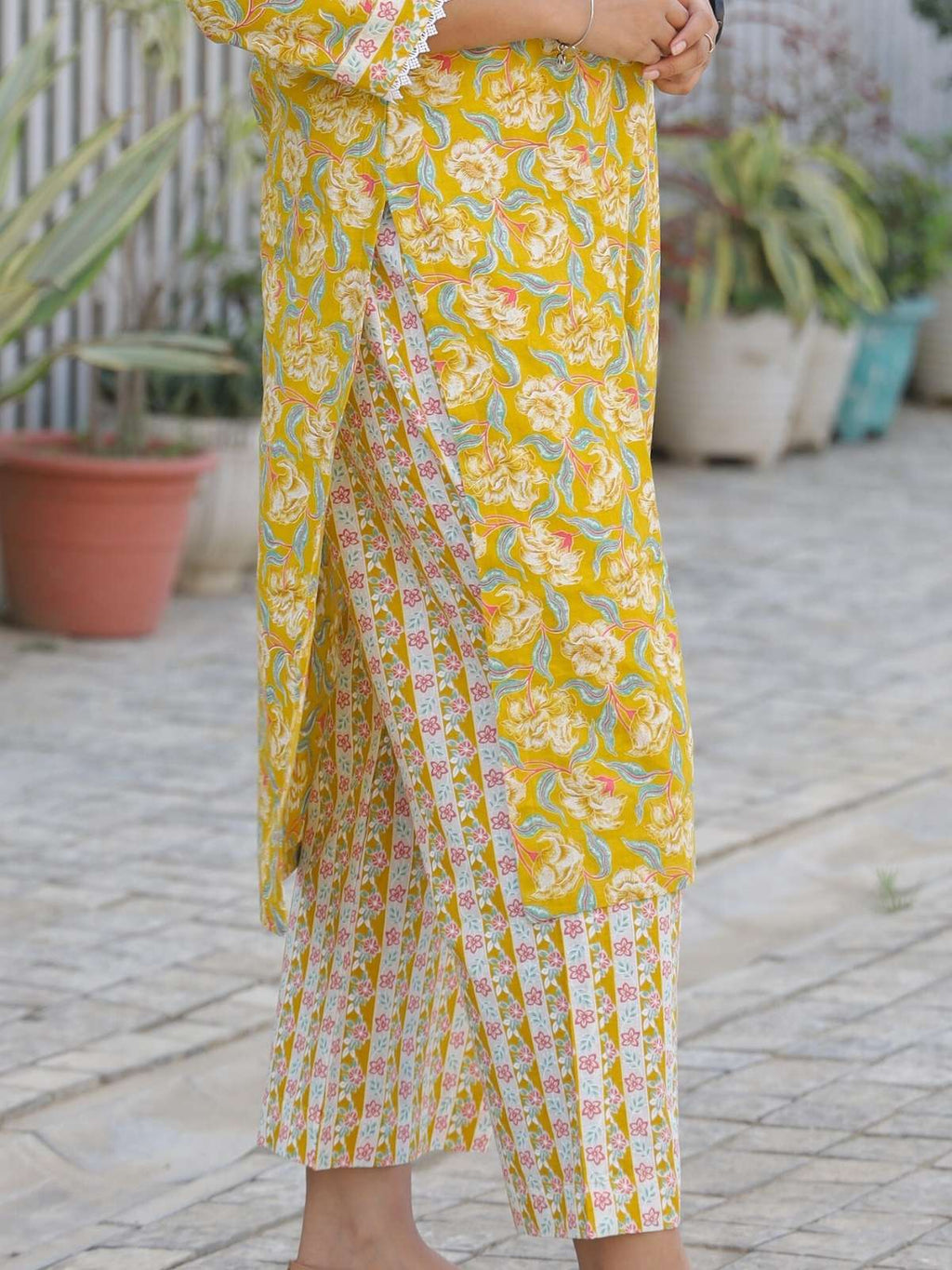 Yellow floral block print kurta set - palazzo bottom detail