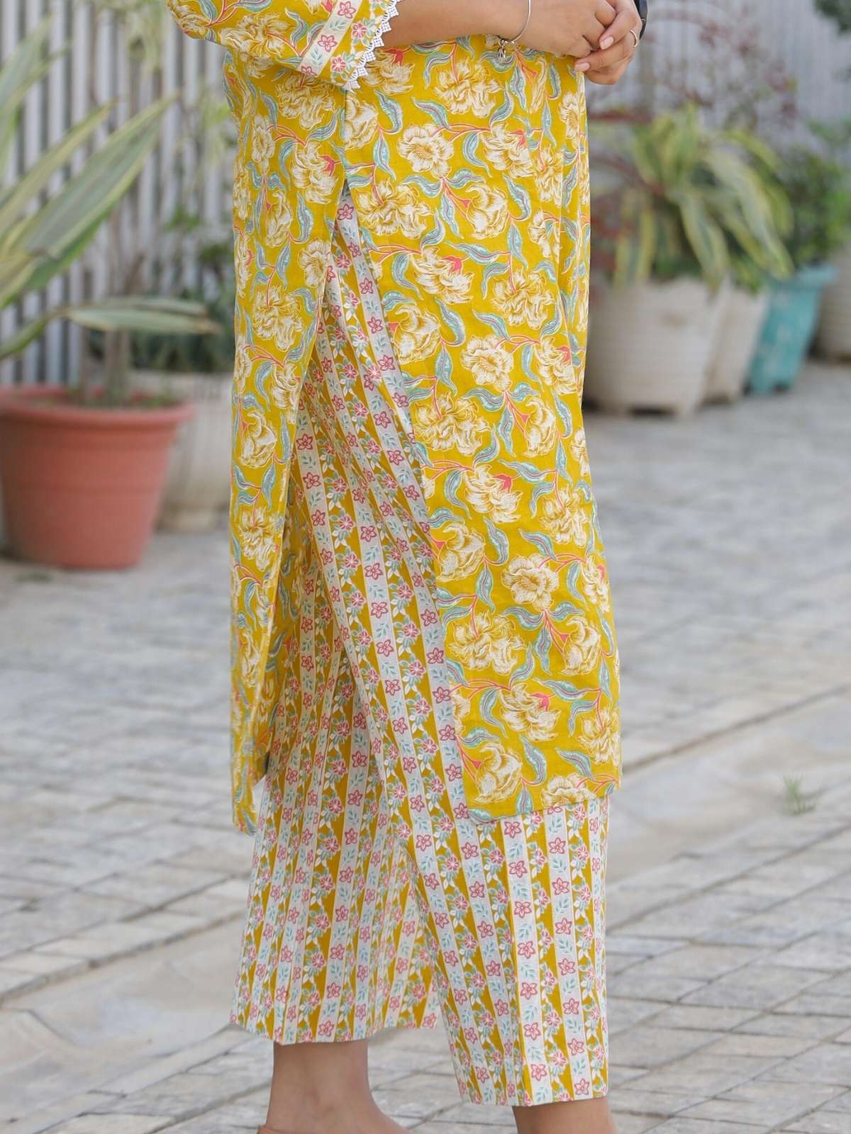 Yellow floral block print kurta set - palazzo bottom detail
