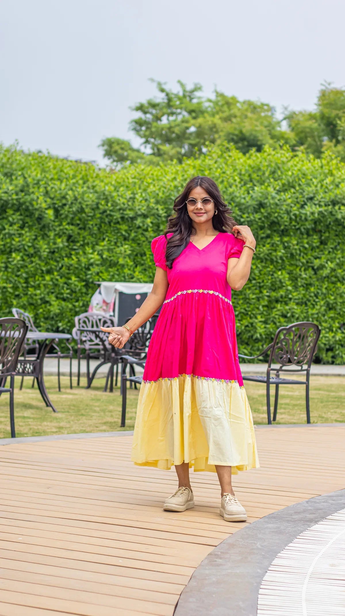 Pink midi dress - cotton fabric close up