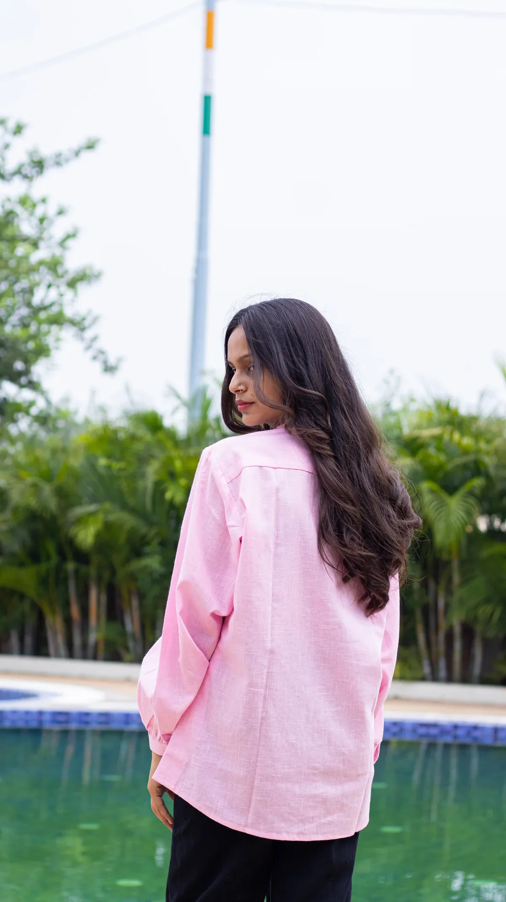 Light pink embroidered slub cotton shirt - front view