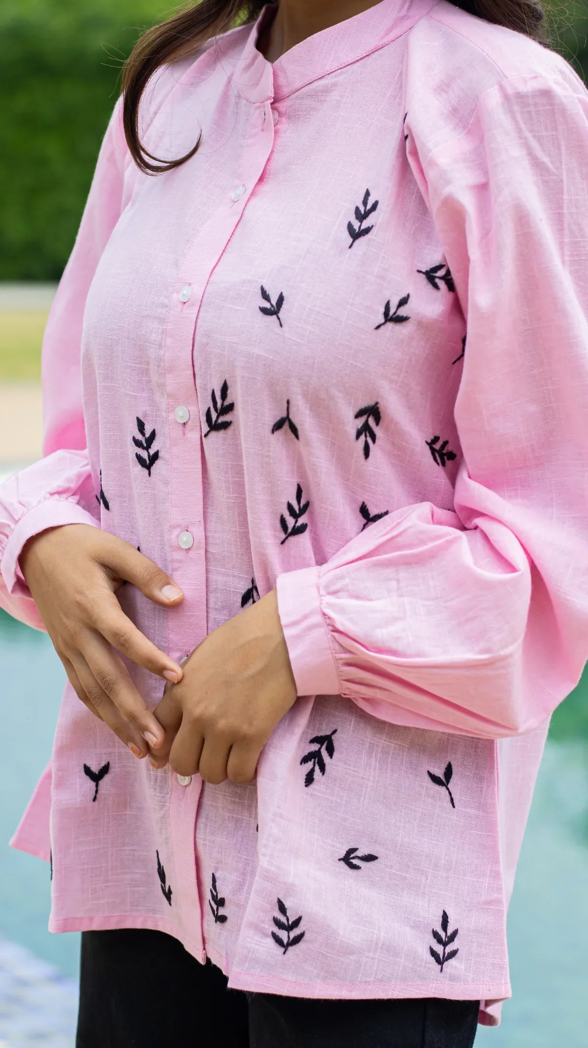 Light pink embroidered slub cotton shirt - styling view