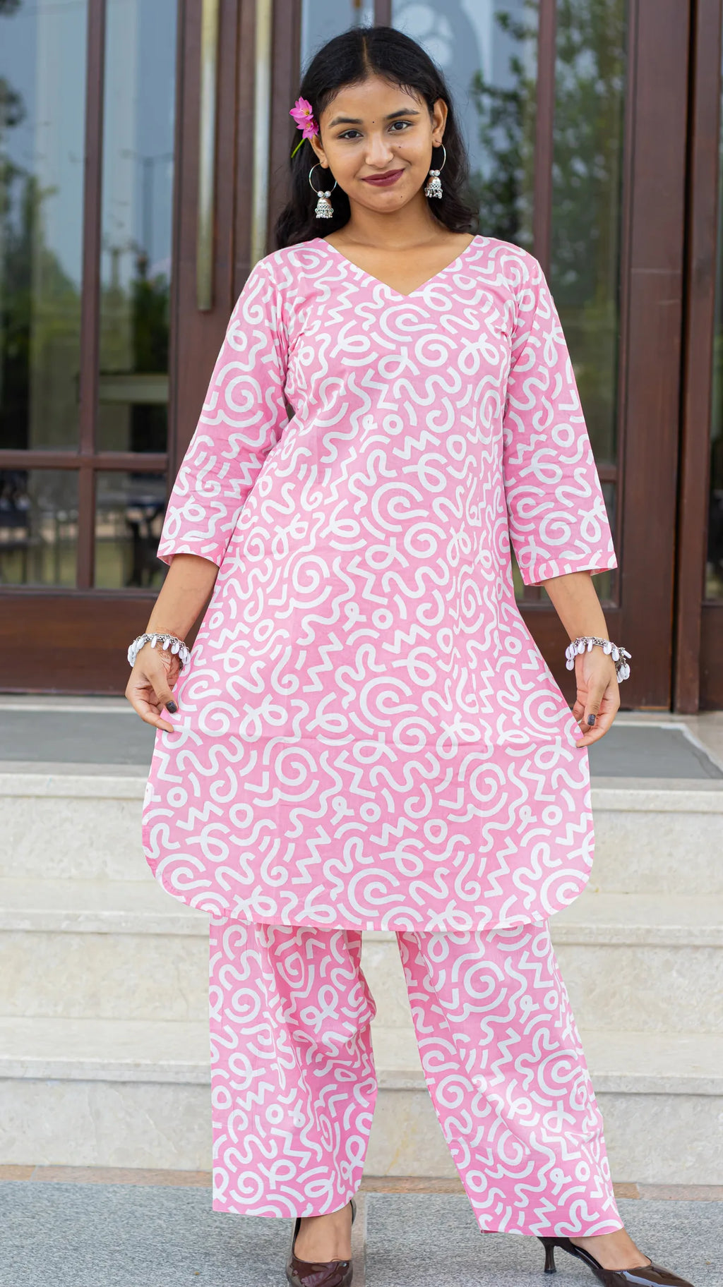 Pastel pink Farsi kurta salwar set - styling view