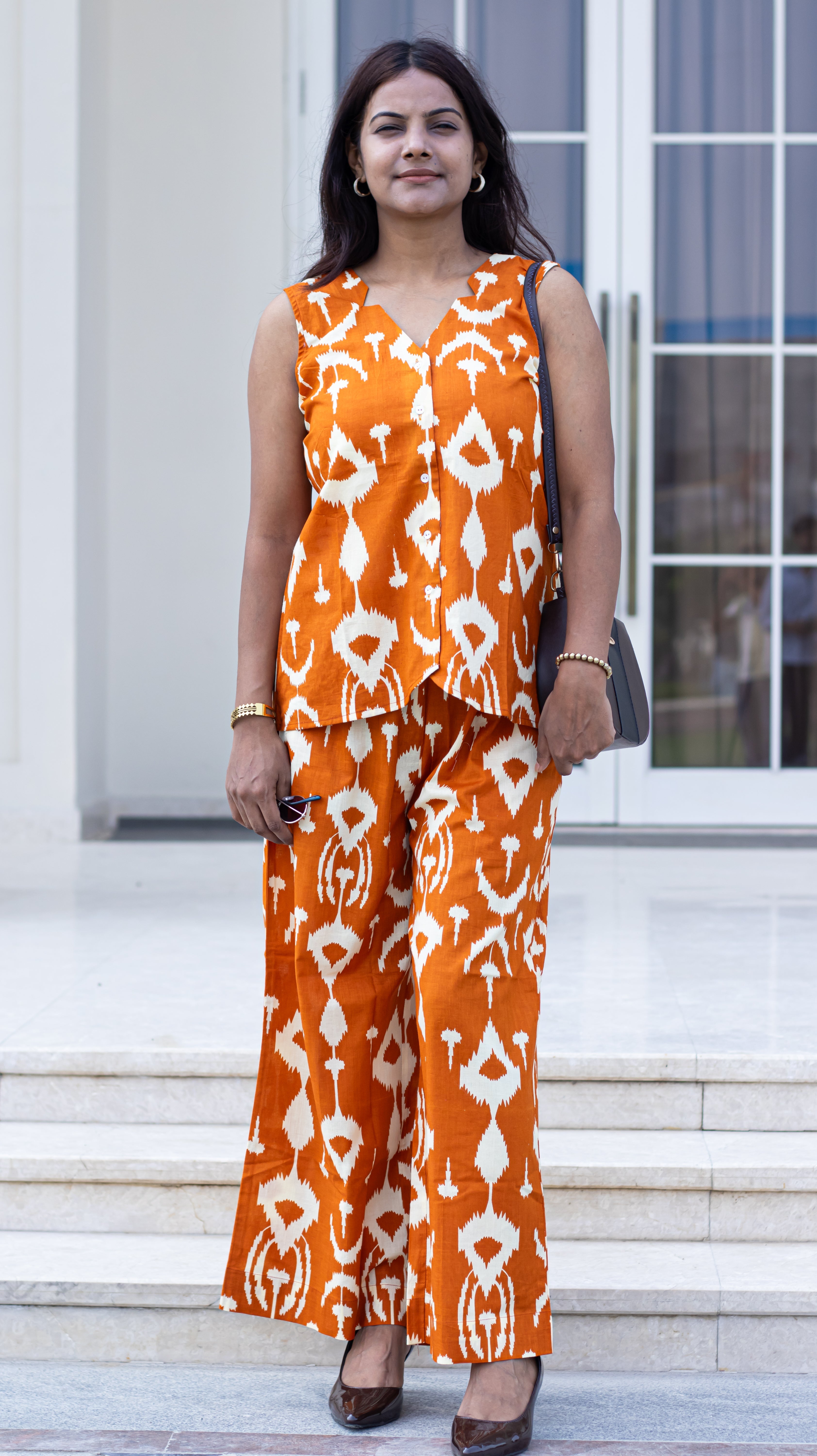 Orange ikkat printed co-ord set - full look