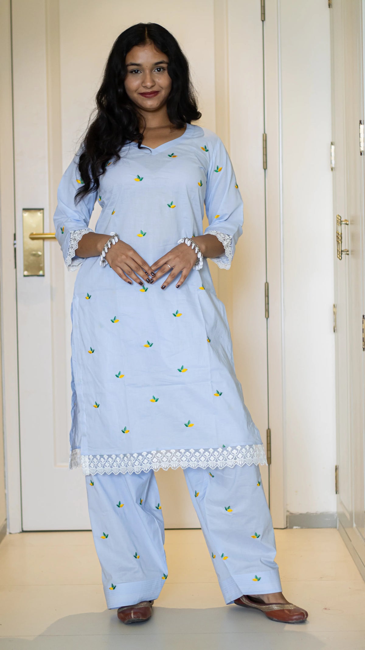 Light Blue Lemon Embroidered Farsi Kurta Set