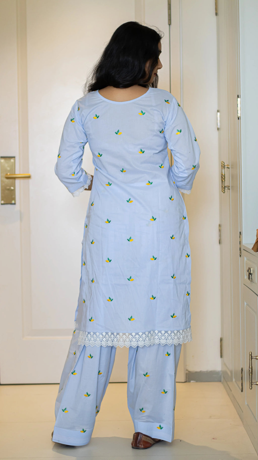 Light Blue Lemon Embroidered Farsi Kurta Set
