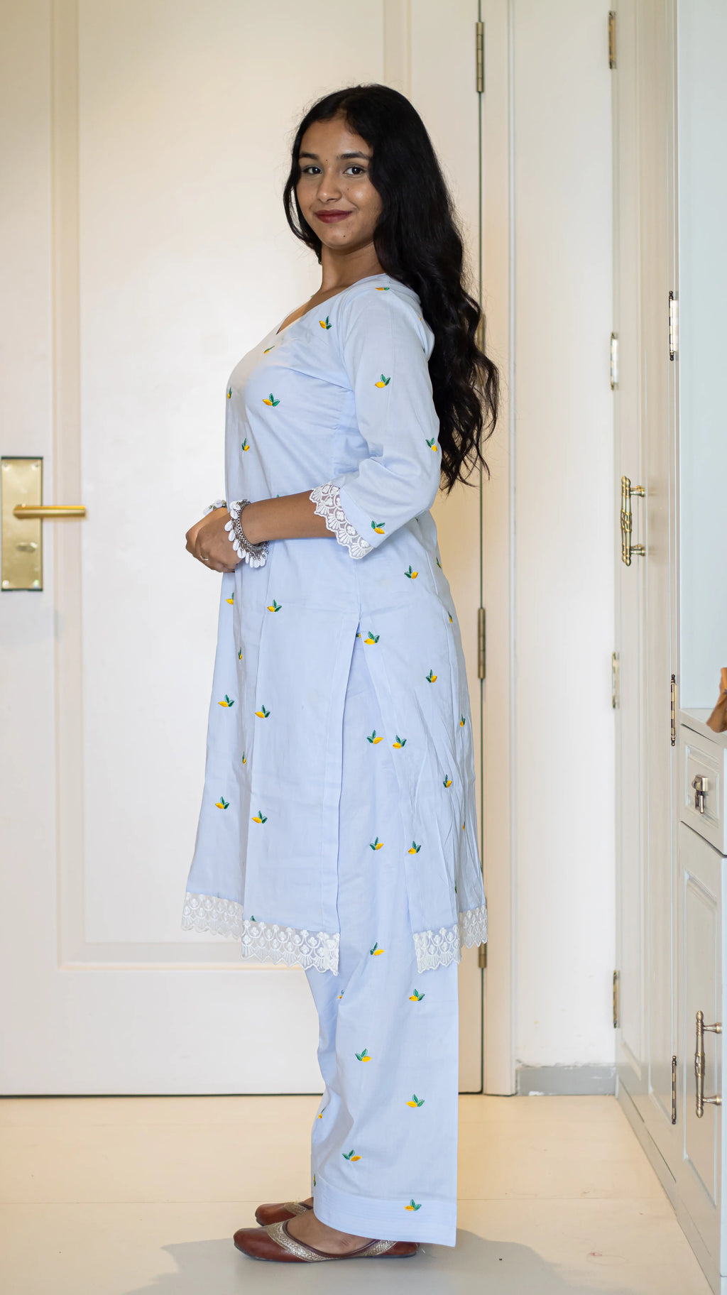 Light Blue Lemon Embroidered Farsi Kurta Set