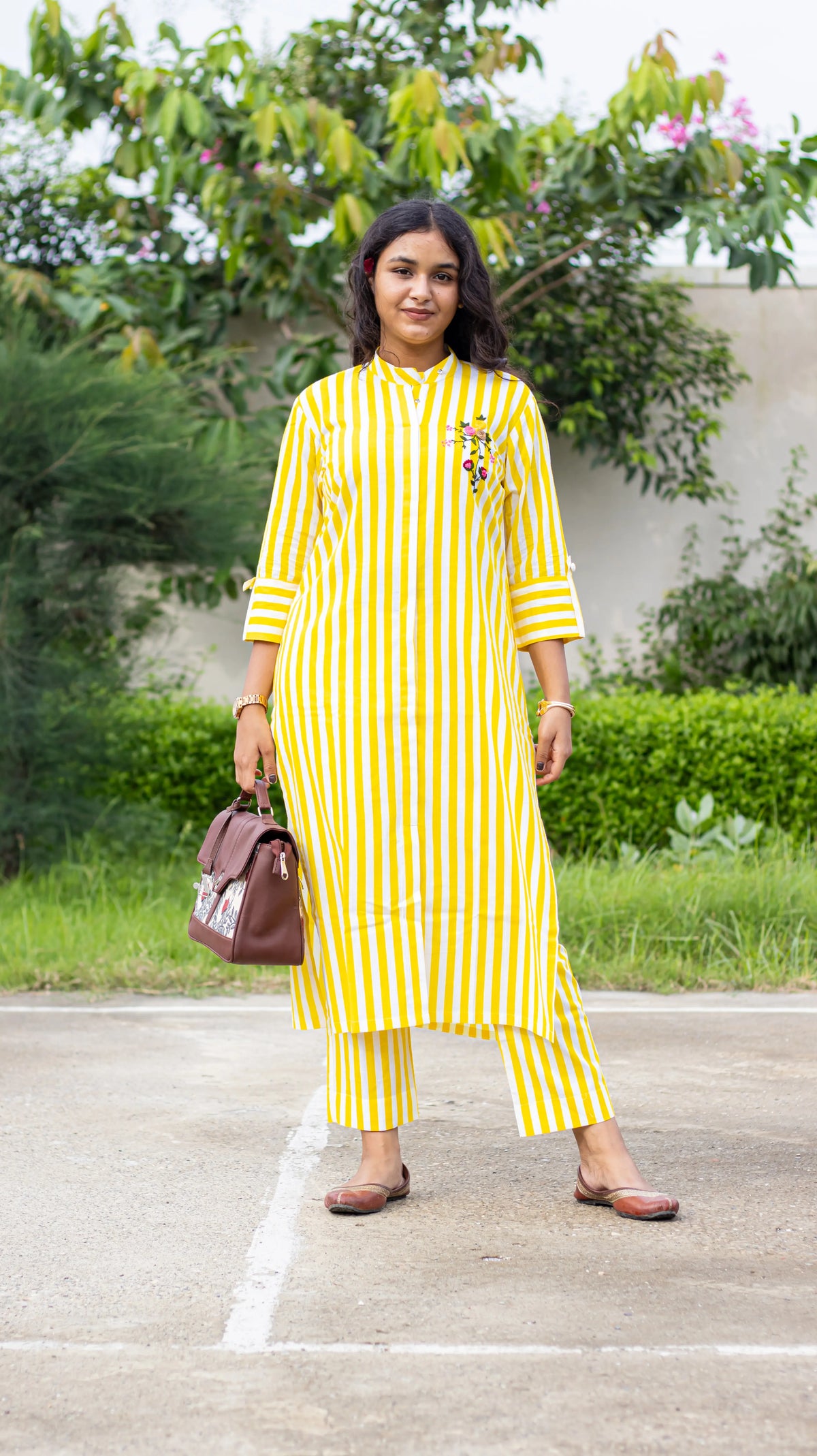 Yellow Embroidered Striped Kurta Set