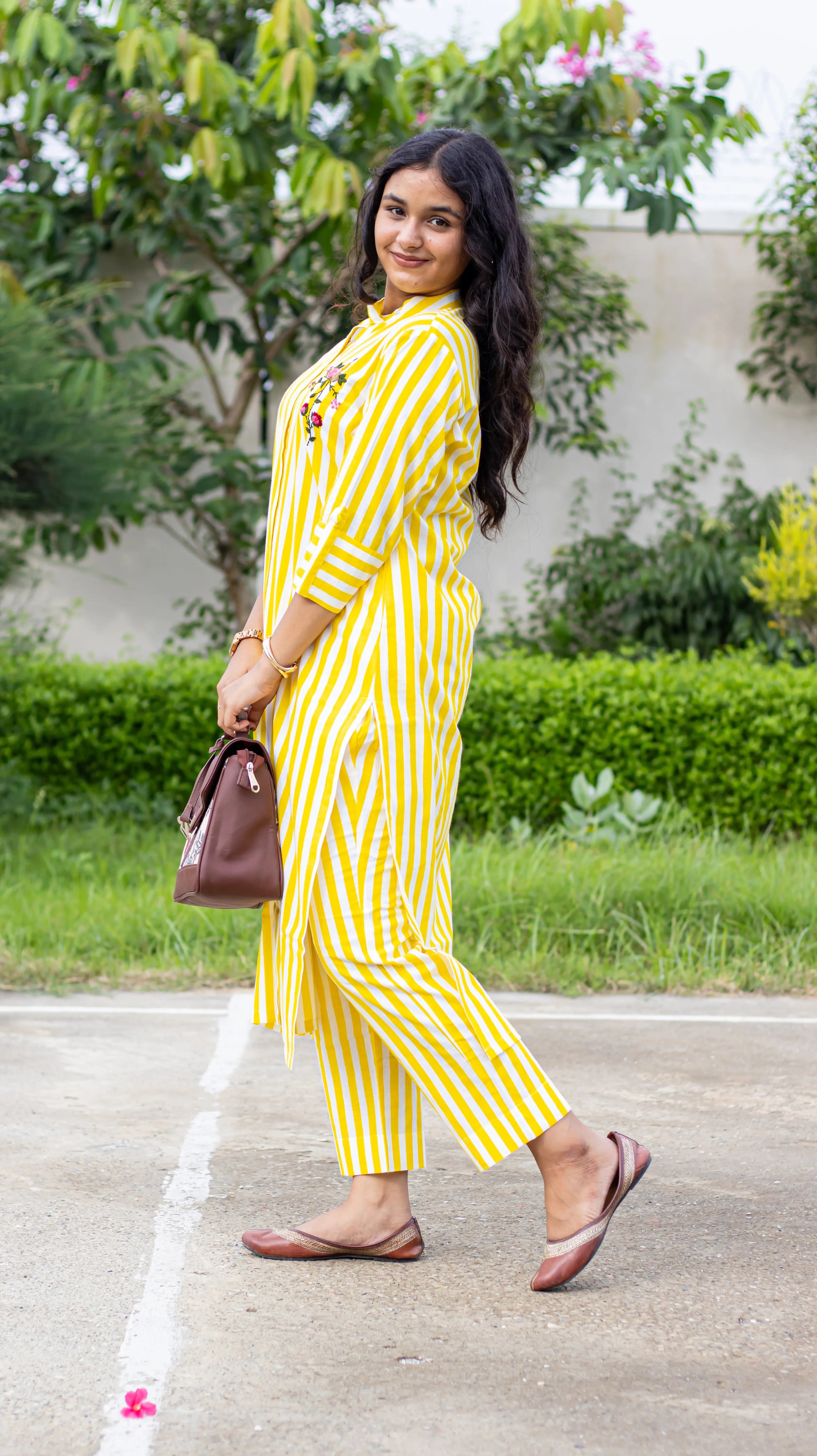 Yellow Embroidered Striped Kurta Set