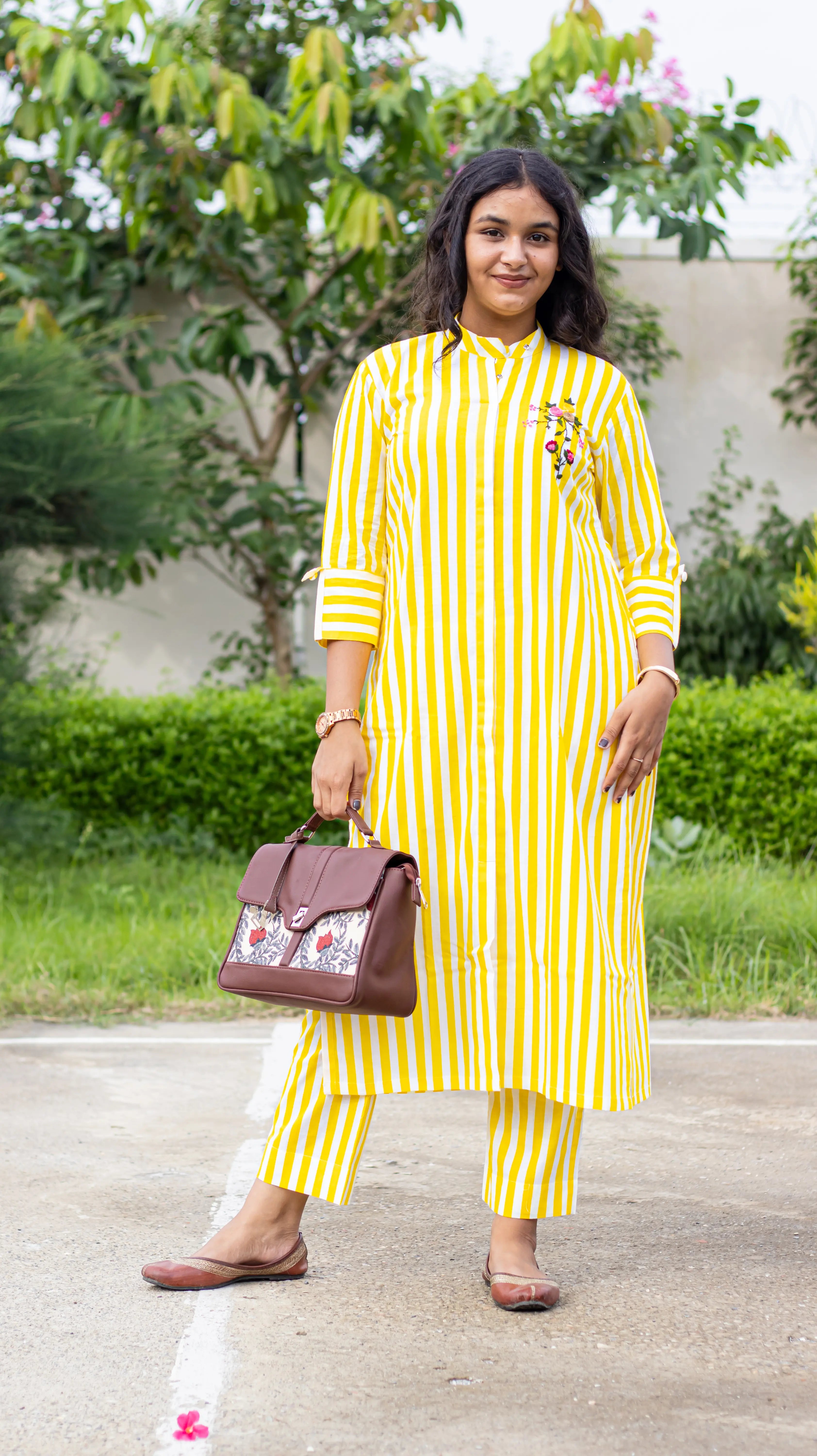 Yellow Embroidered Striped Kurta Set