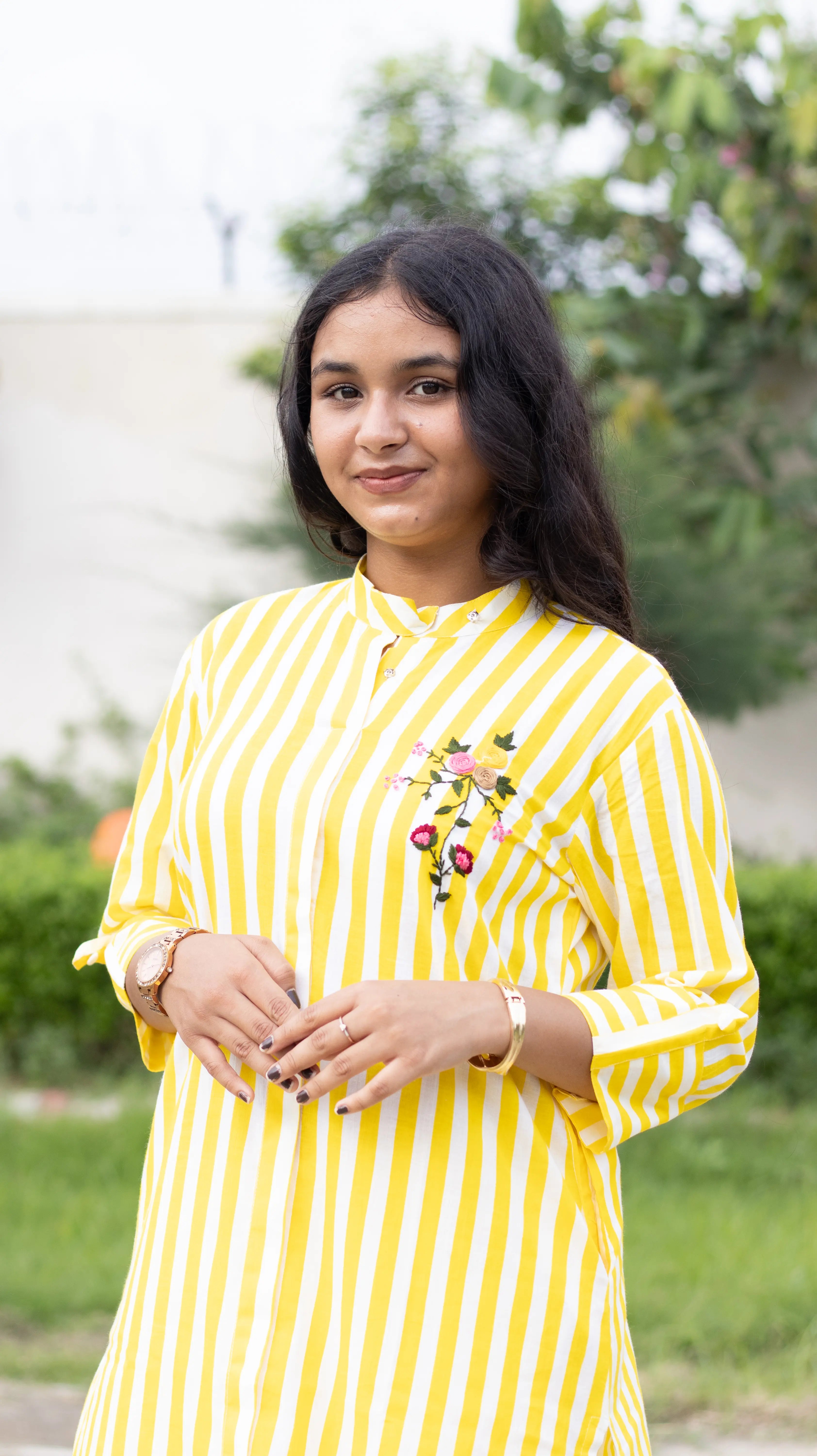 Yellow Embroidered Striped Kurta Set