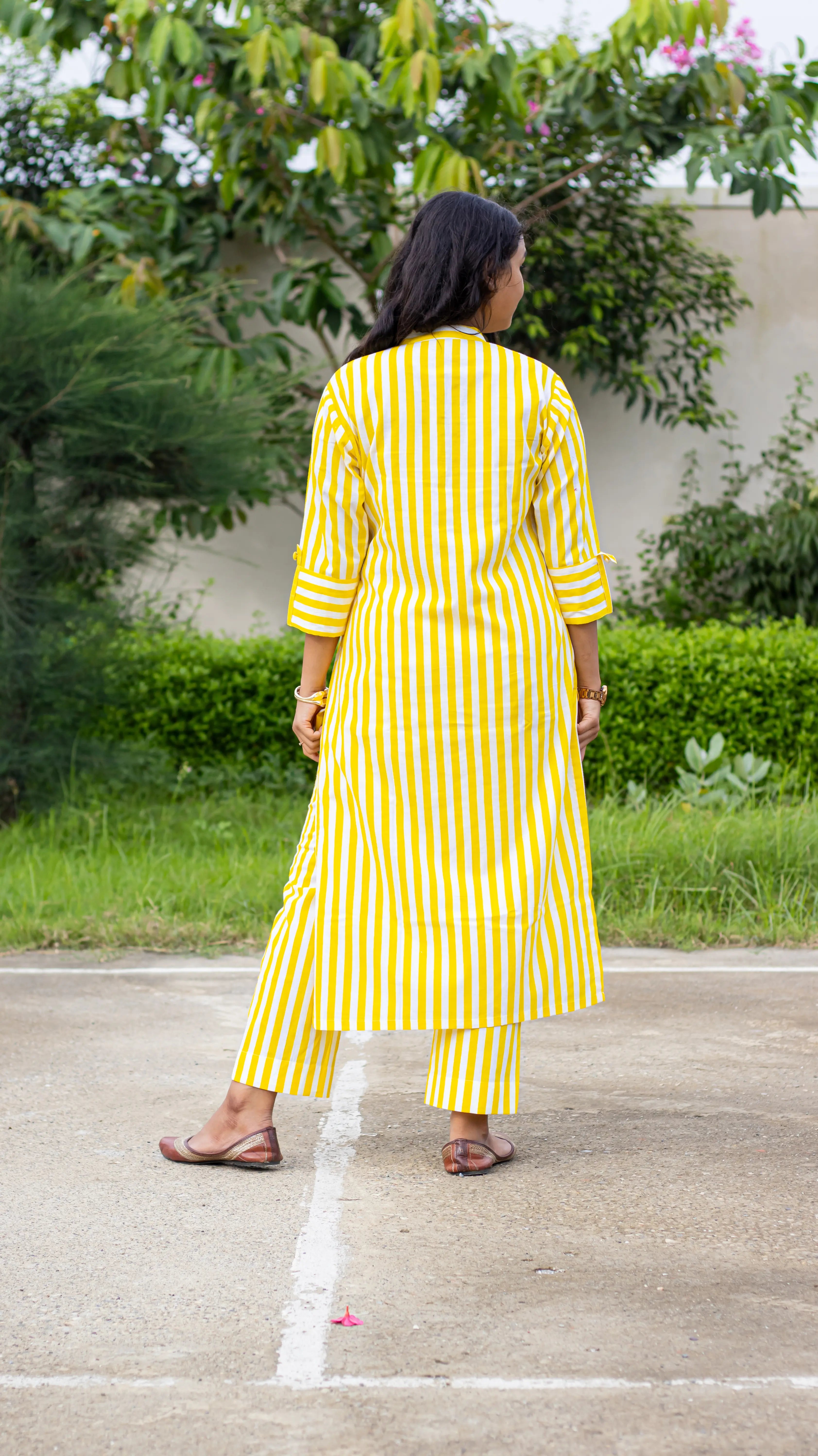 Yellow Embroidered Striped Kurta Set