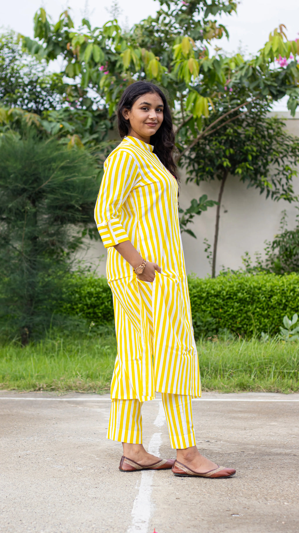 Yellow Embroidered Striped Kurta Set