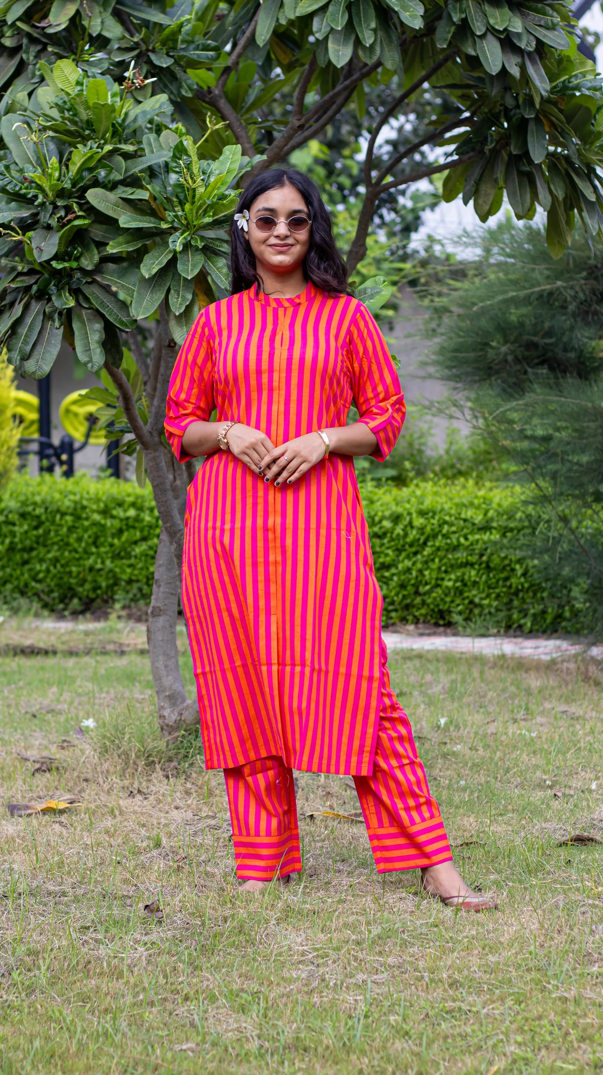 Pink Embroidered Striped Kurta Set