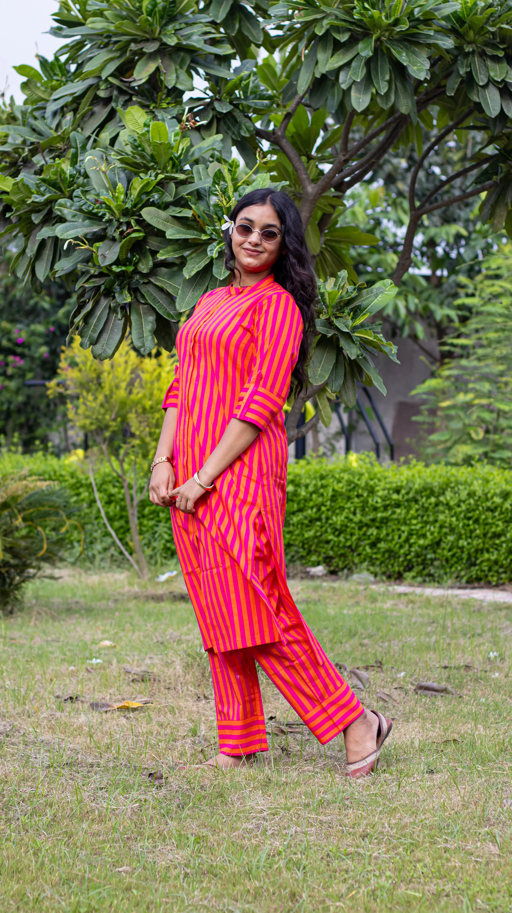 Pink Embroidered Striped Kurta Set