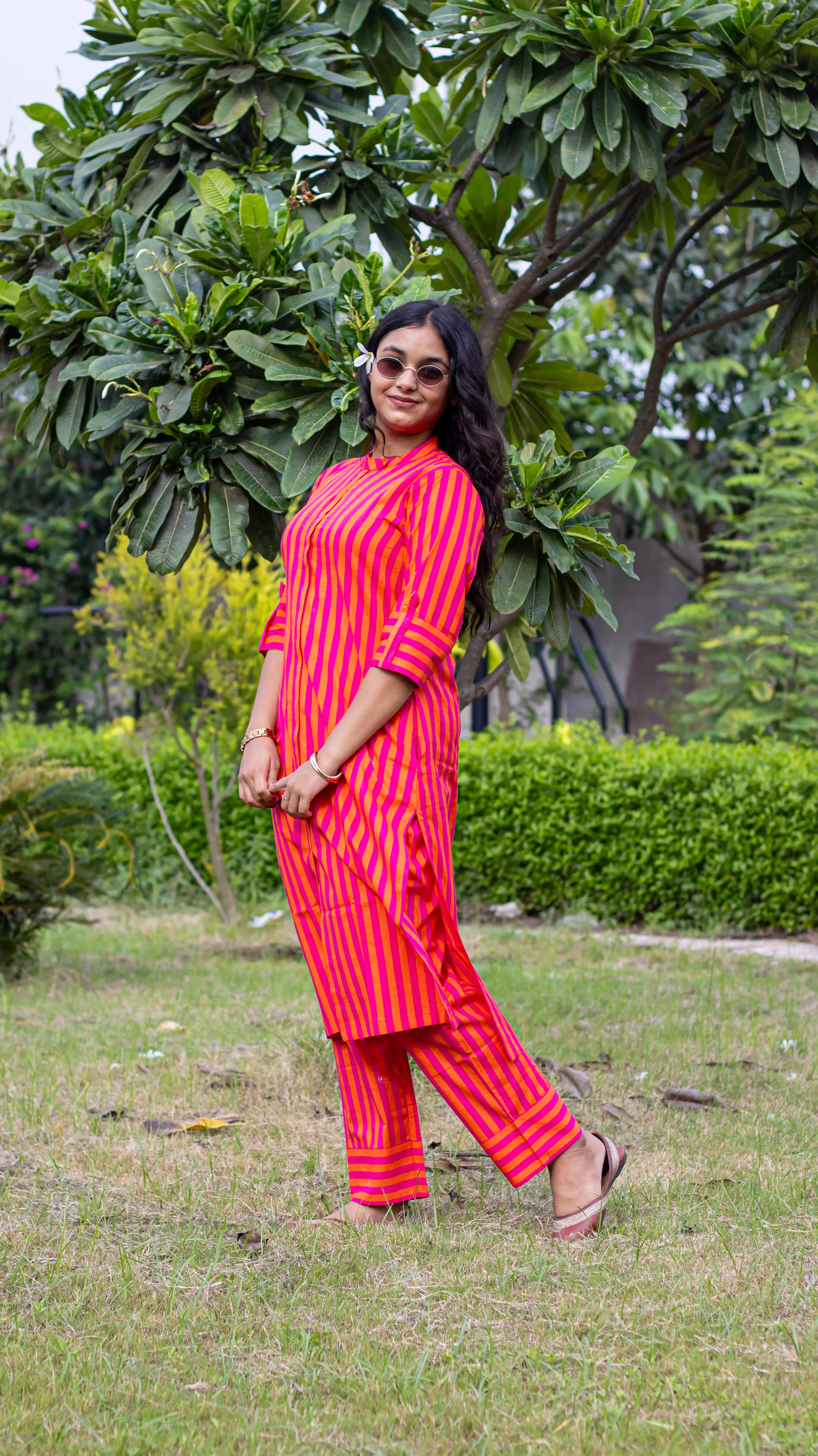 Pink Embroidered Striped Kurta Set