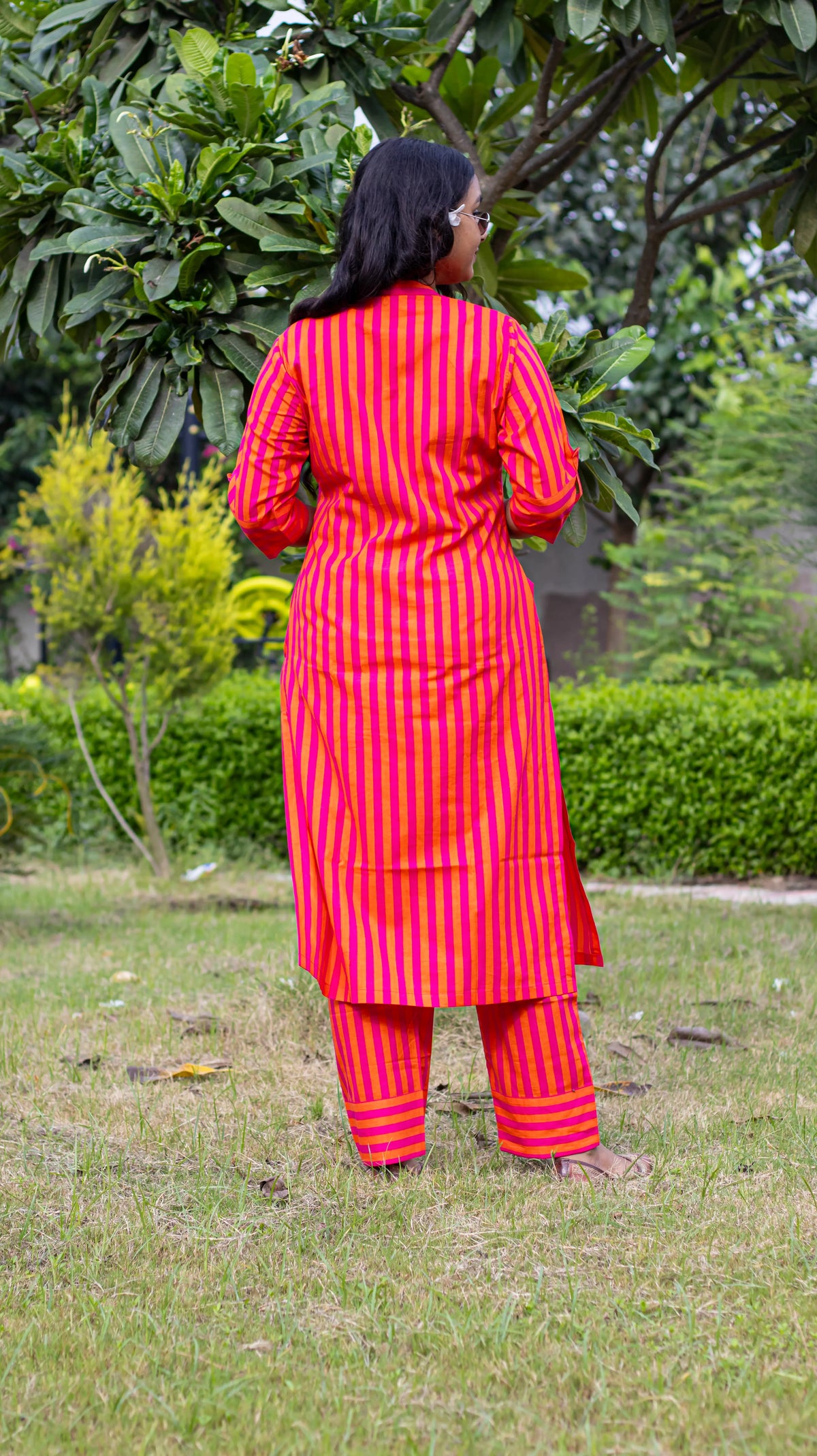 Pink Embroidered Striped Kurta Set