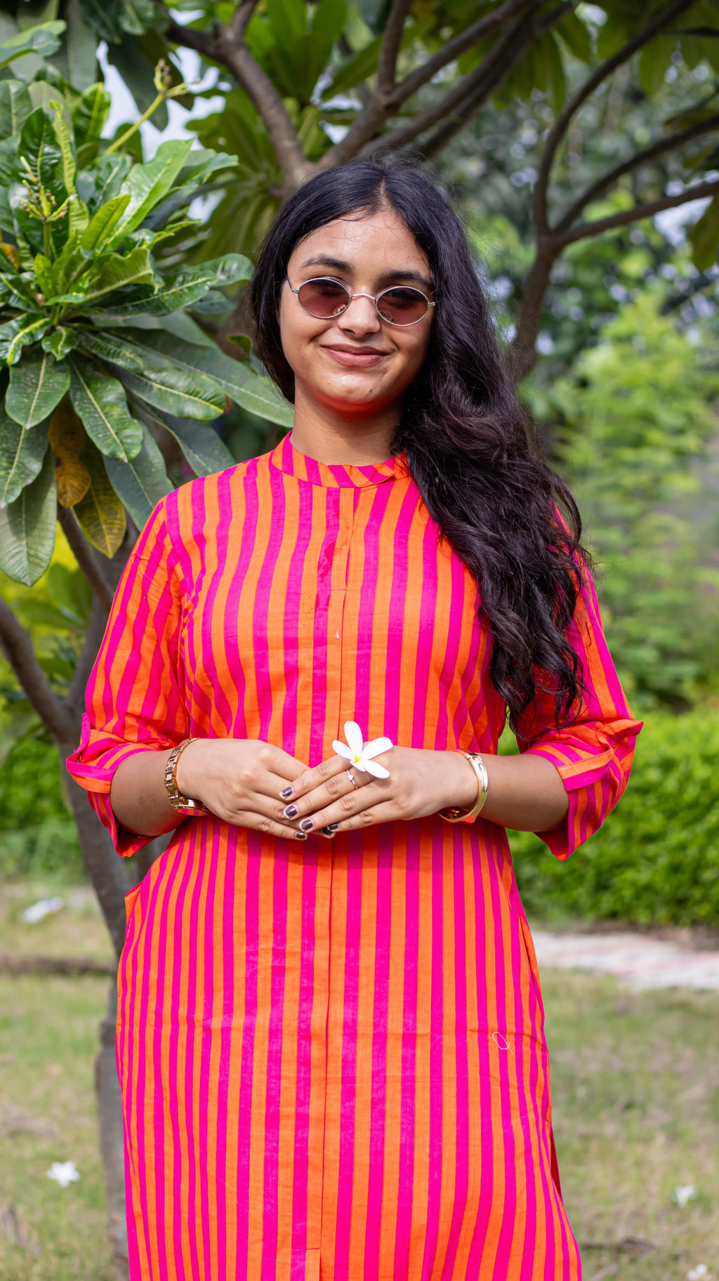 Pink Embroidered Striped Kurta Set