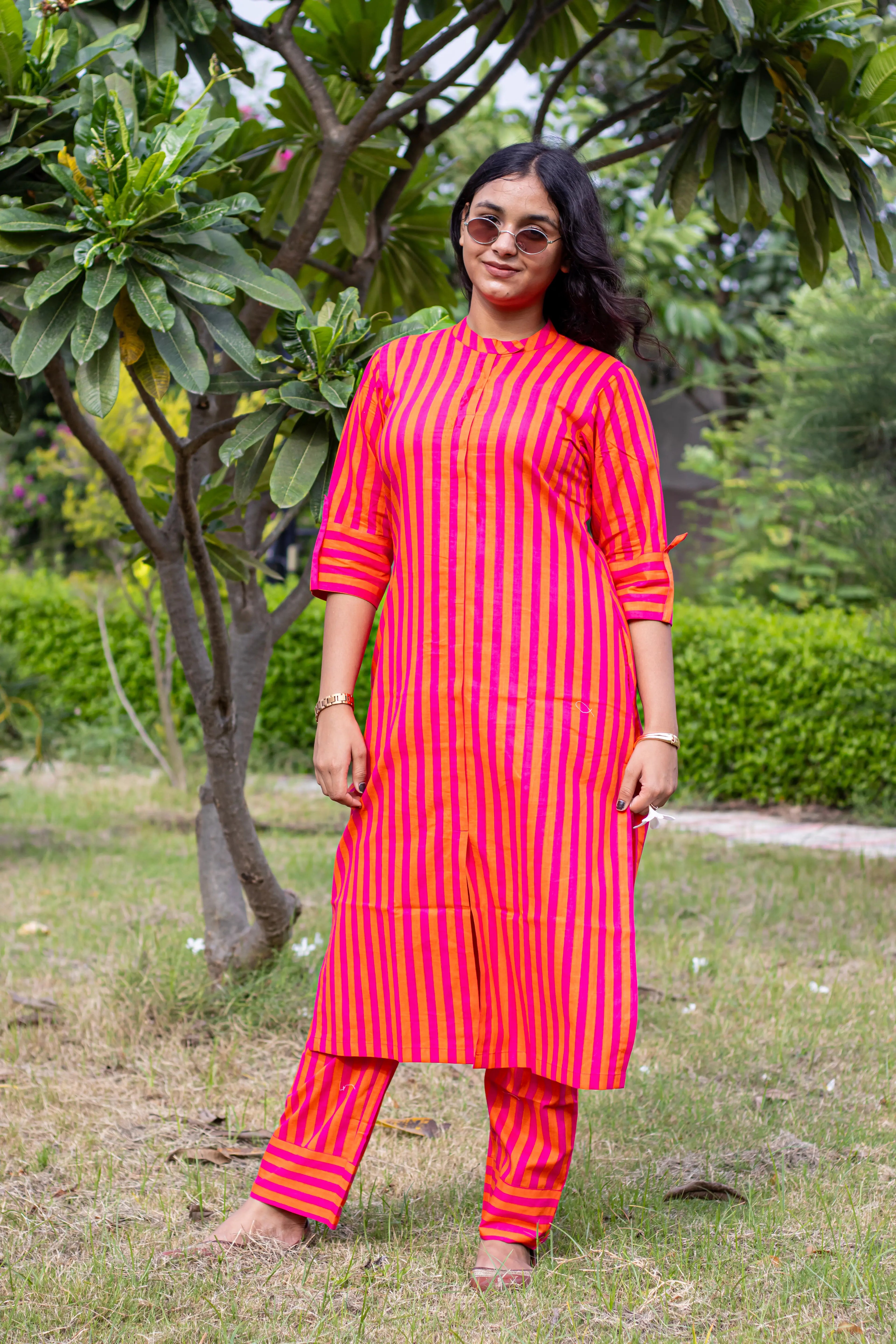 Pink Embroidered Striped Kurta Set