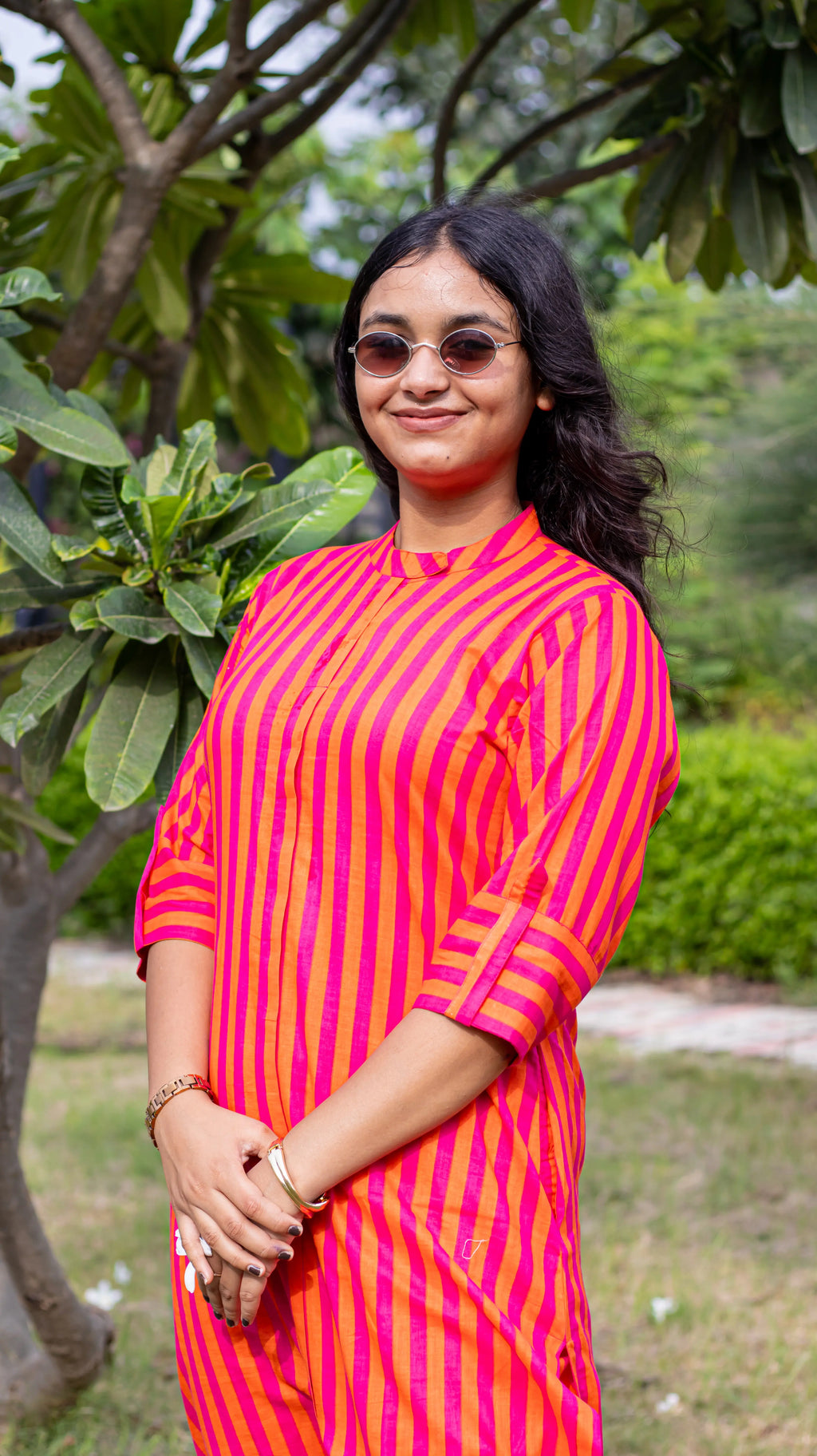 Pink Embroidered Striped Kurta Set