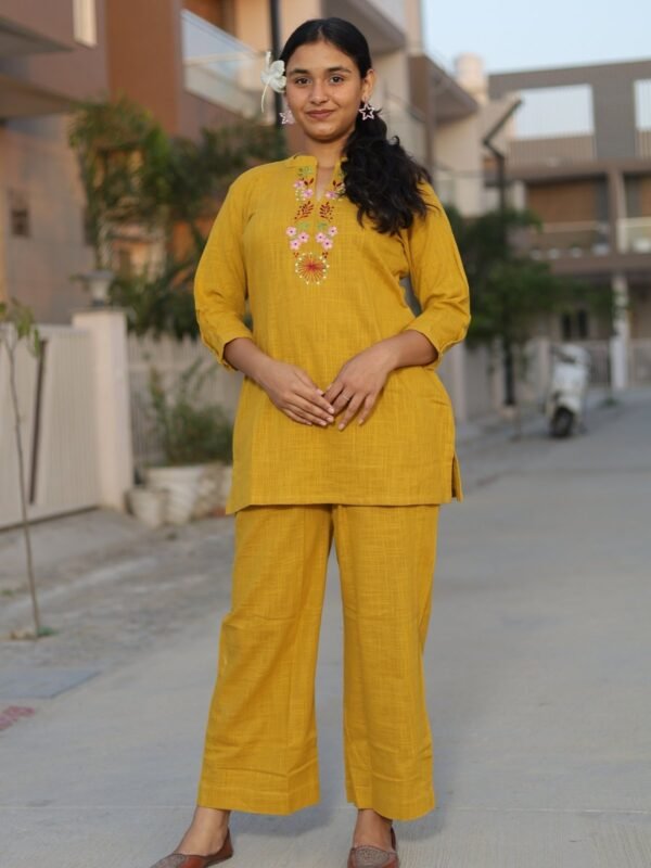 Mustard Yellow Embroidered Kurta Palazzo Set for Women – Premium Cotton Floral Neck Detail Co-ord Set