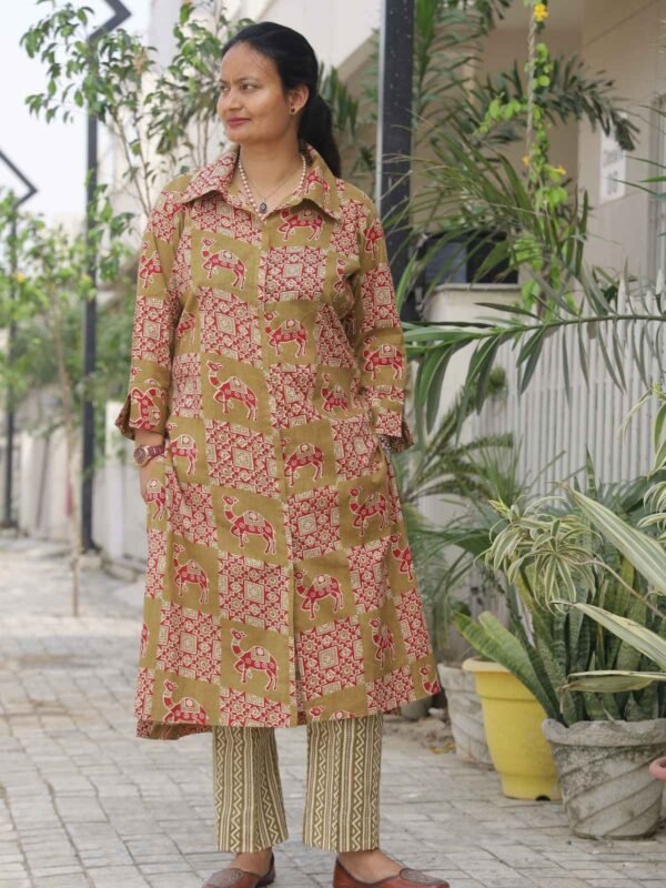 Olive Green Block Print Cambric Cotton Kurta Pant Set for Women – Shirt Collar Front Cut Co-ord Set