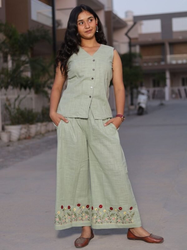 Sage Mint Sleeveless Embroidered Co-ord Set for Women – Floral Hem Premium Cotton Palazzo Set