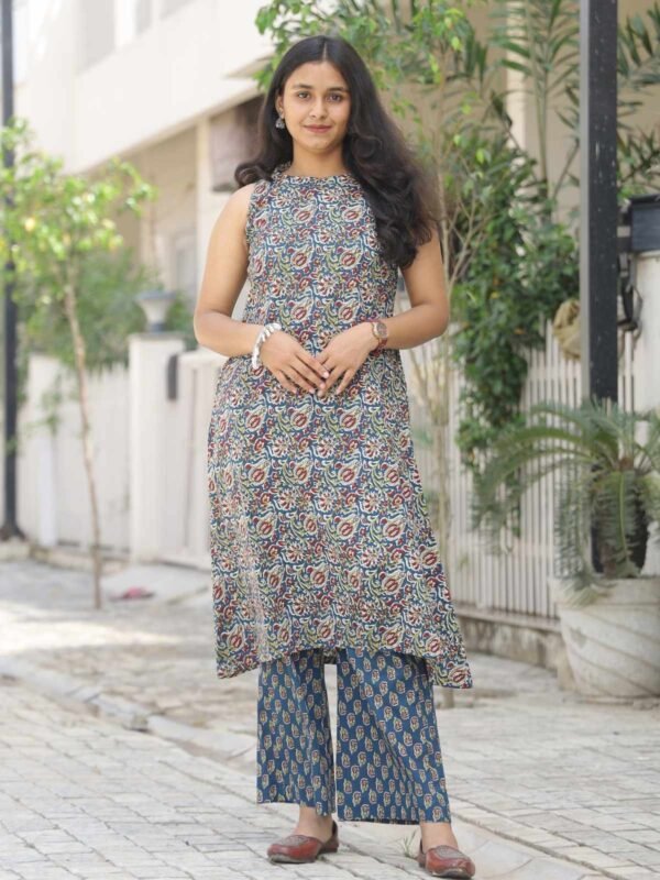 Blue Floral Sleeveless A-Line Kurta Palazzo Set for Women – Jaipur Cotton Summer Ethnic Set